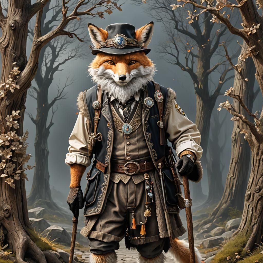 Cleric Fox in Lederhosen: A Dark Fantasy Portrait