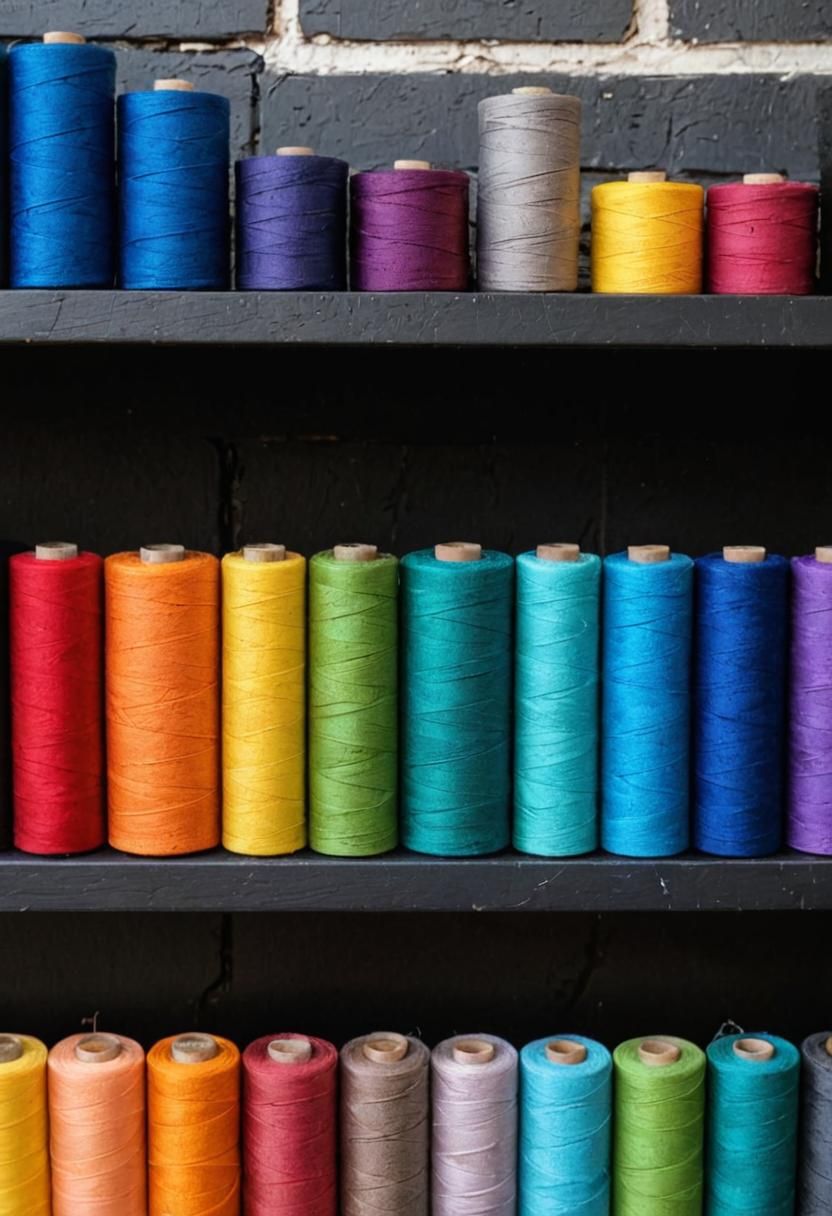 Gradient Thread Spools on Industrial Brick Wall