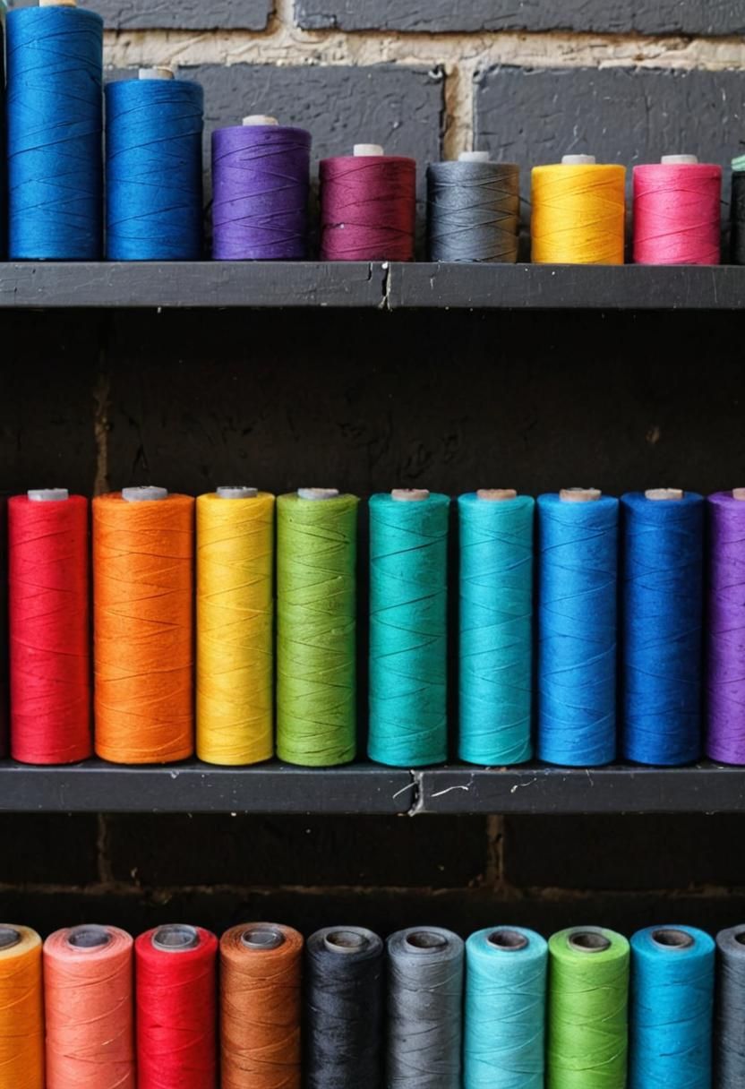 Vibrant Thread Spools Against Industrial Brick Wall