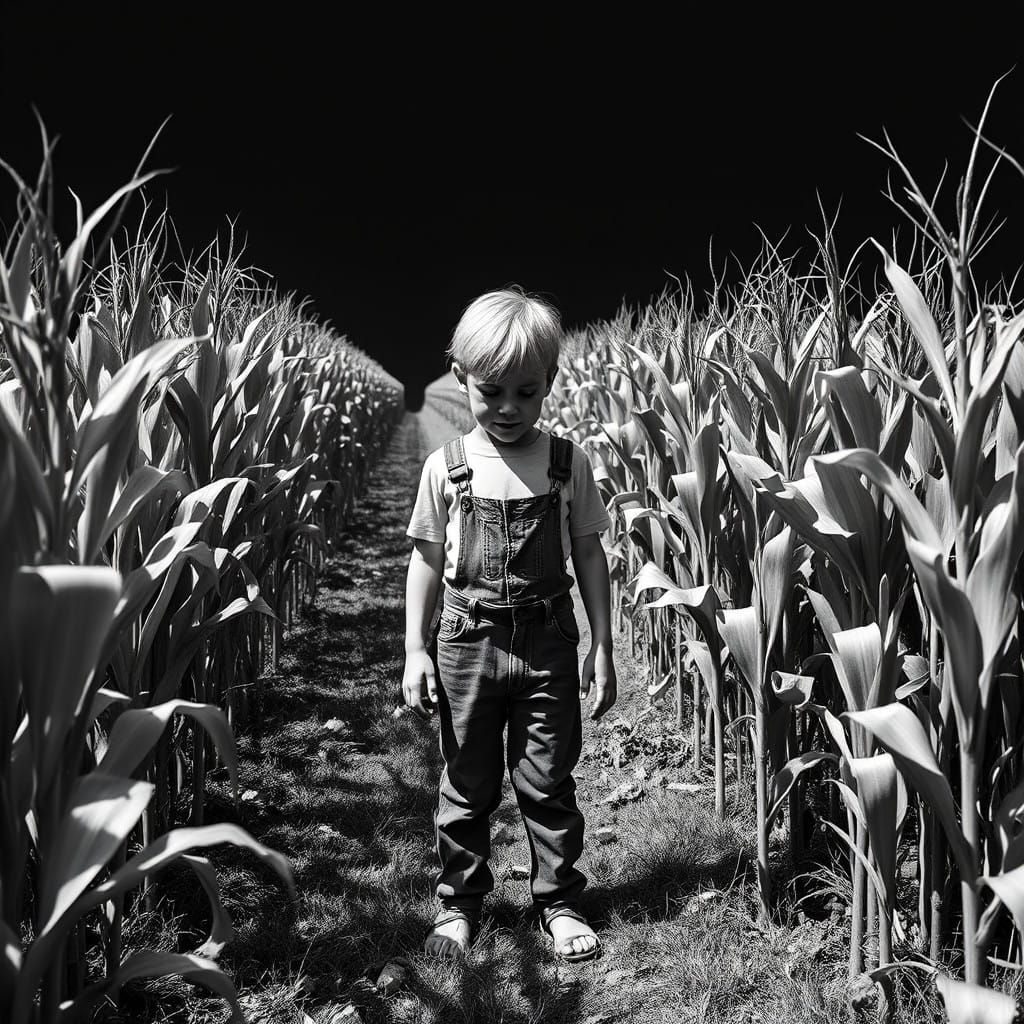 Frightened Child in a Haunting Cornfield Scene