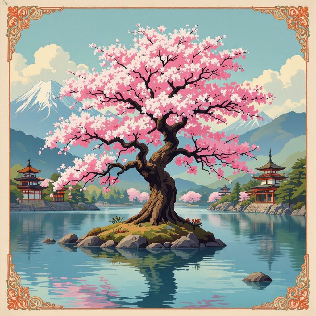 Sakura Tree by Lake: Japanese Art Style