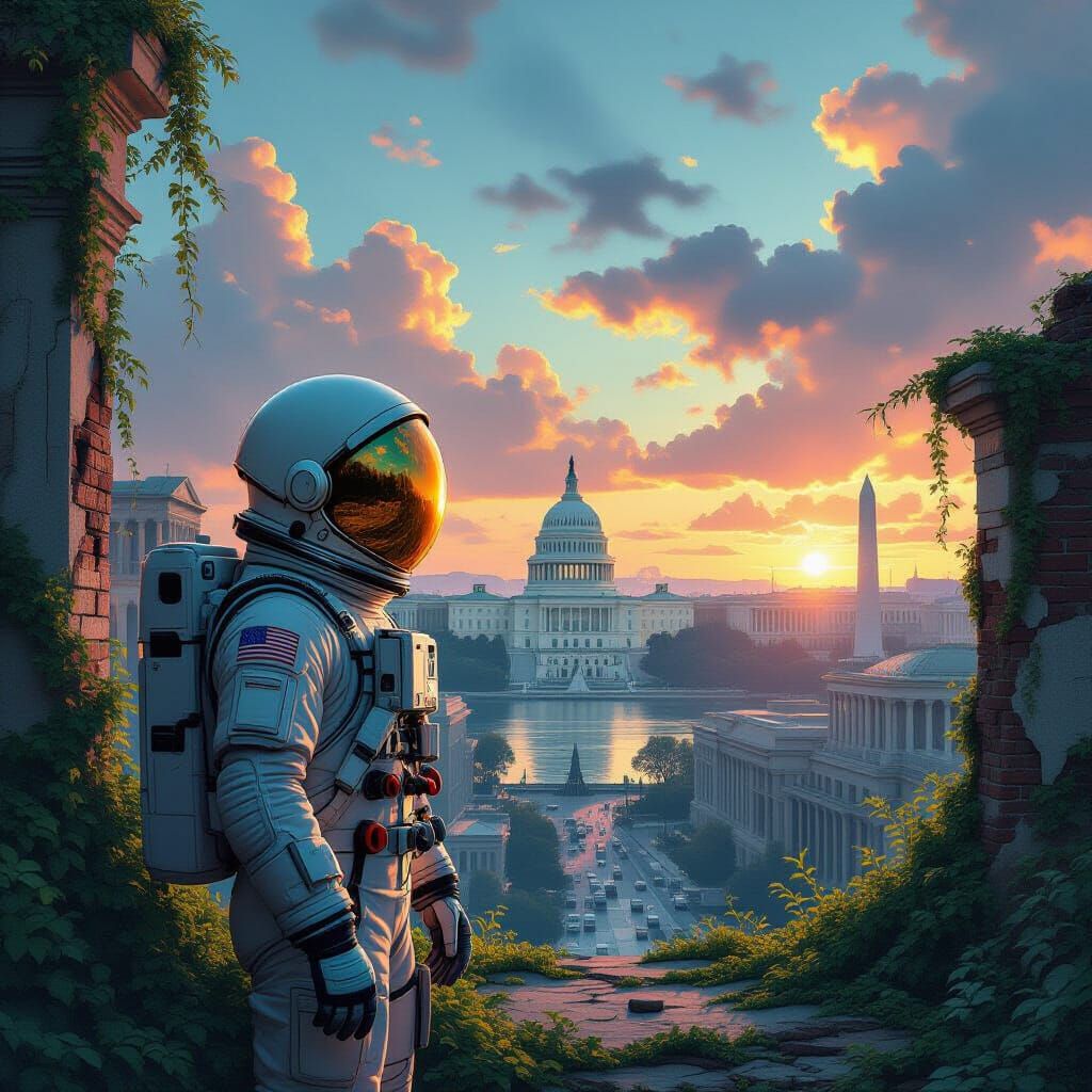 Astronaut Explores Ruined Washington DC Overgrown with Vines