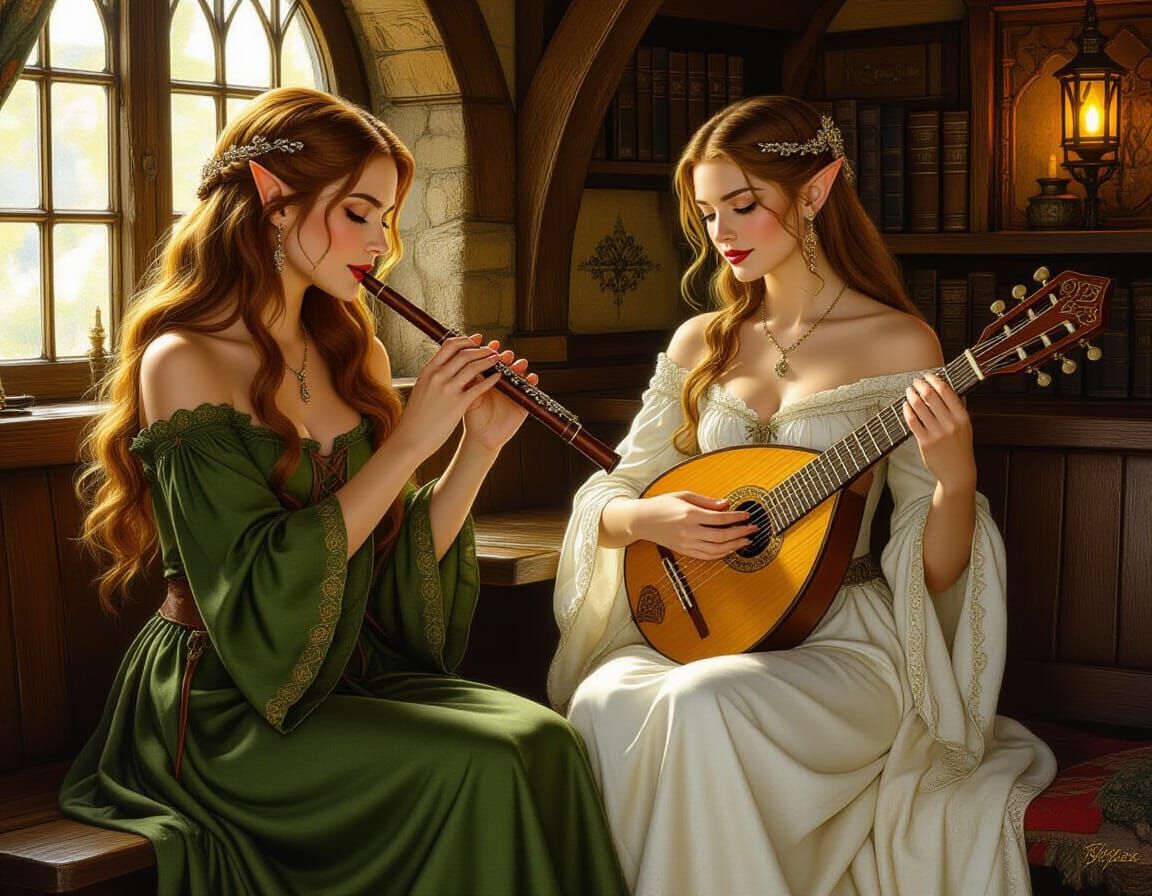 Hobbit and Elf Musicians in Rustic Tavern