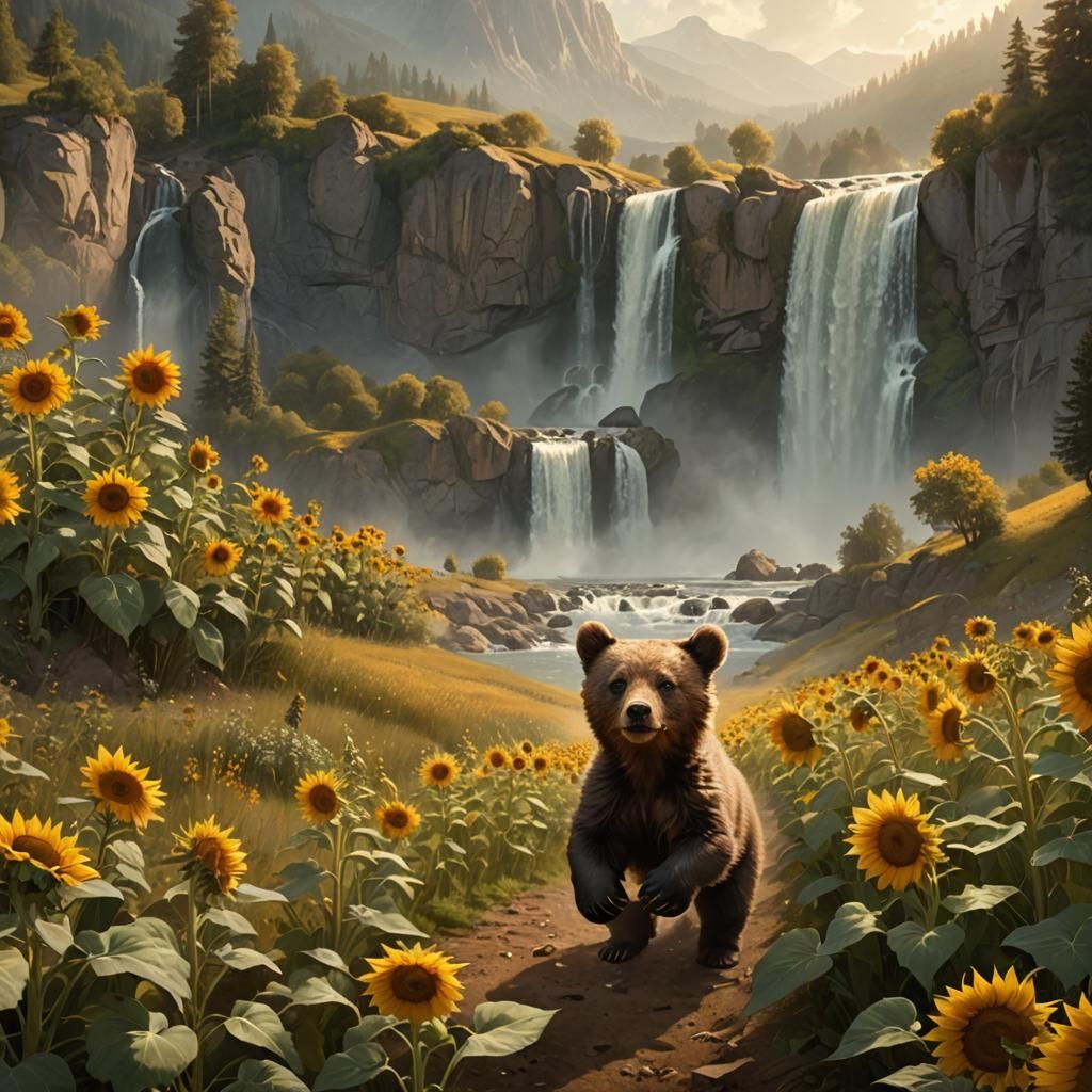 Baby Bear Cub in Sunflower Field Landscape