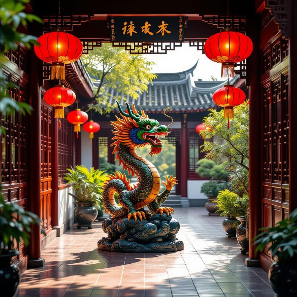 Majestic Dragon Statue in Chinese Courtyard