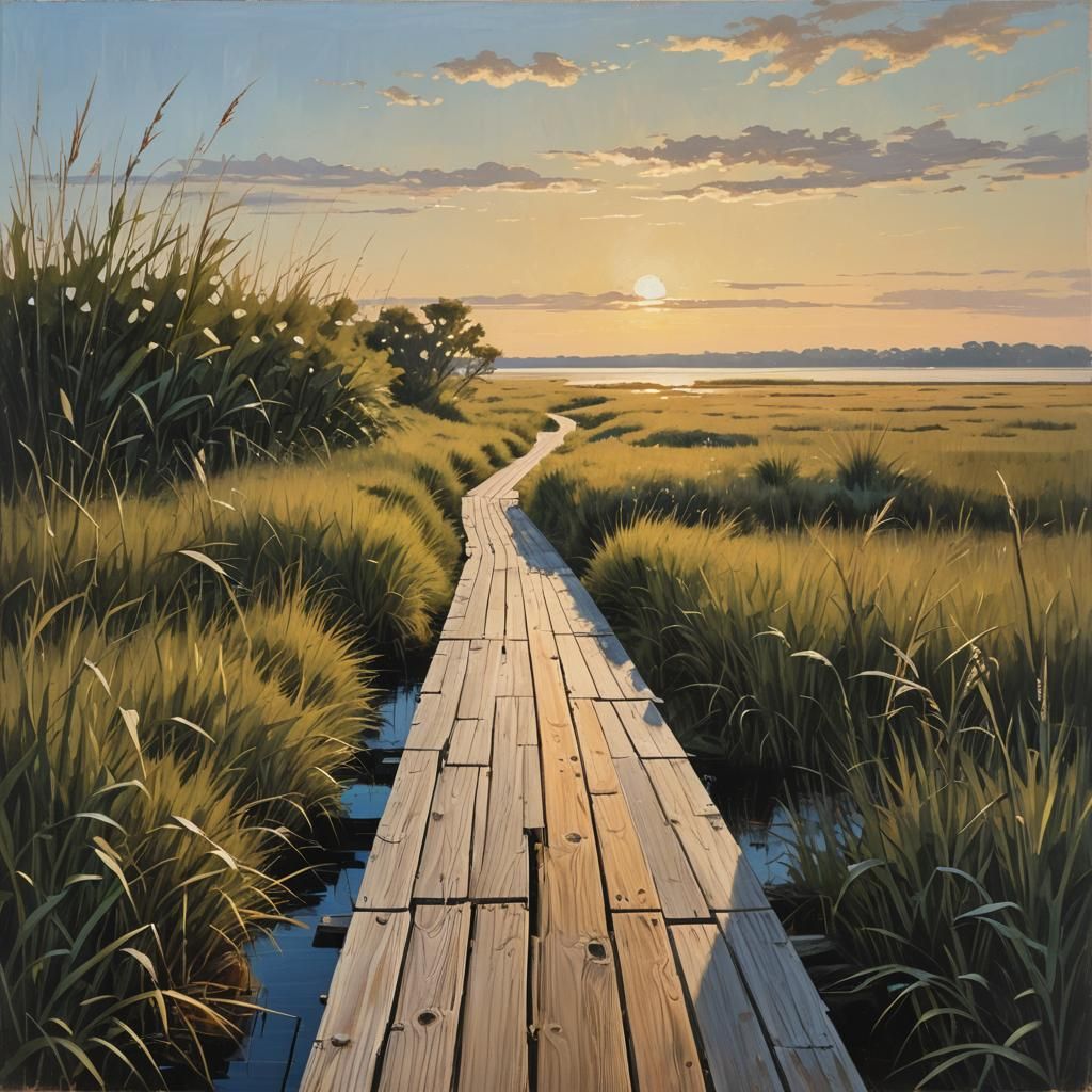 American Realism Boardwalk Landscape at Golden Hour