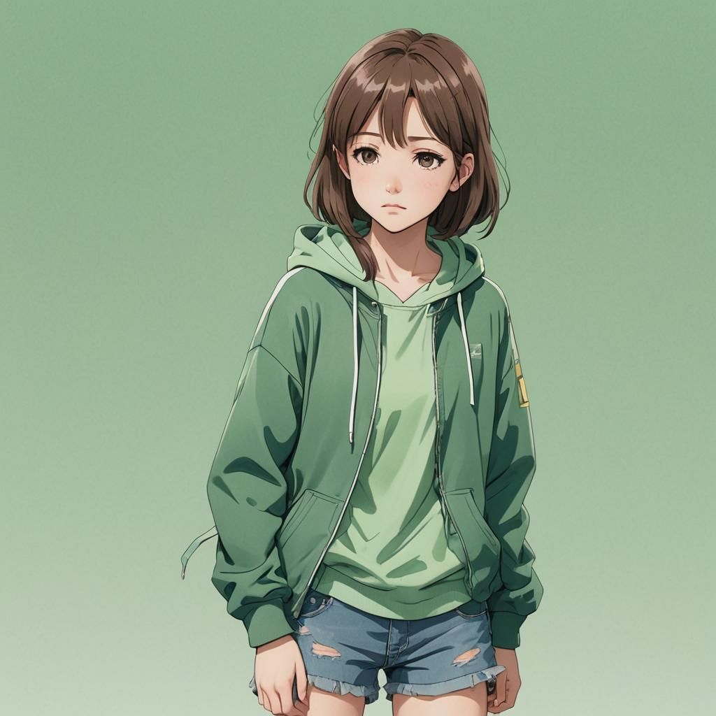 Anime Girl in Green Hoodie, Manga Style