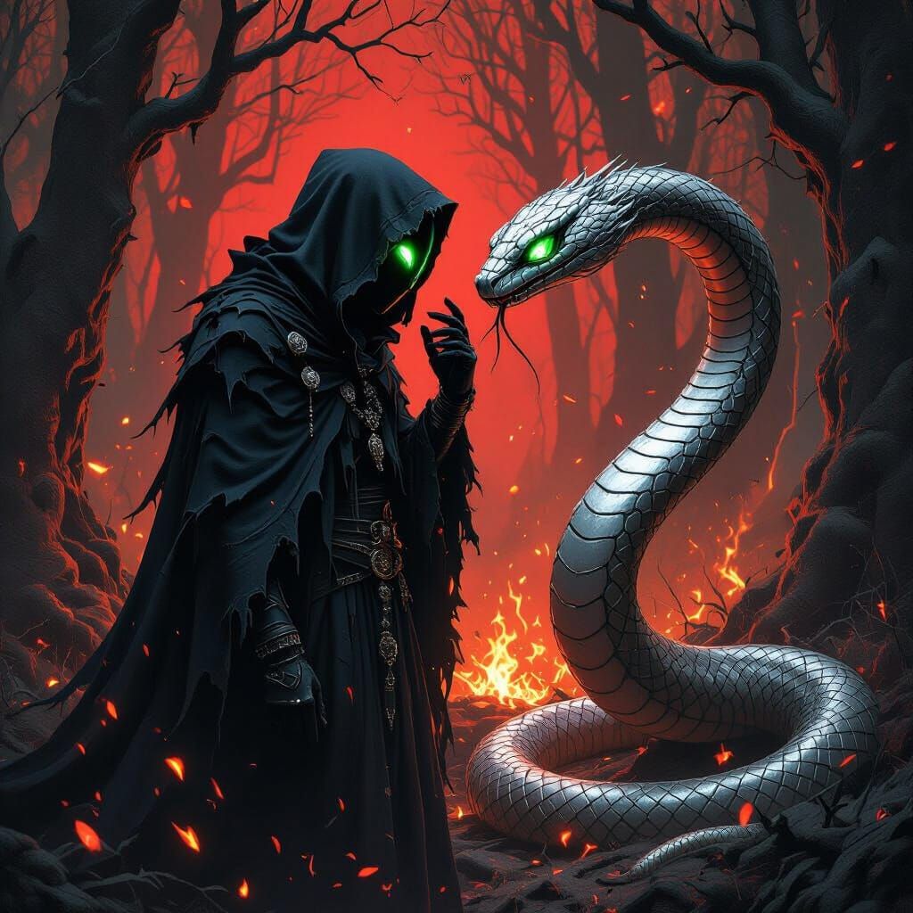 Serpent's Whisper: Masked Figure in Mystical Forest