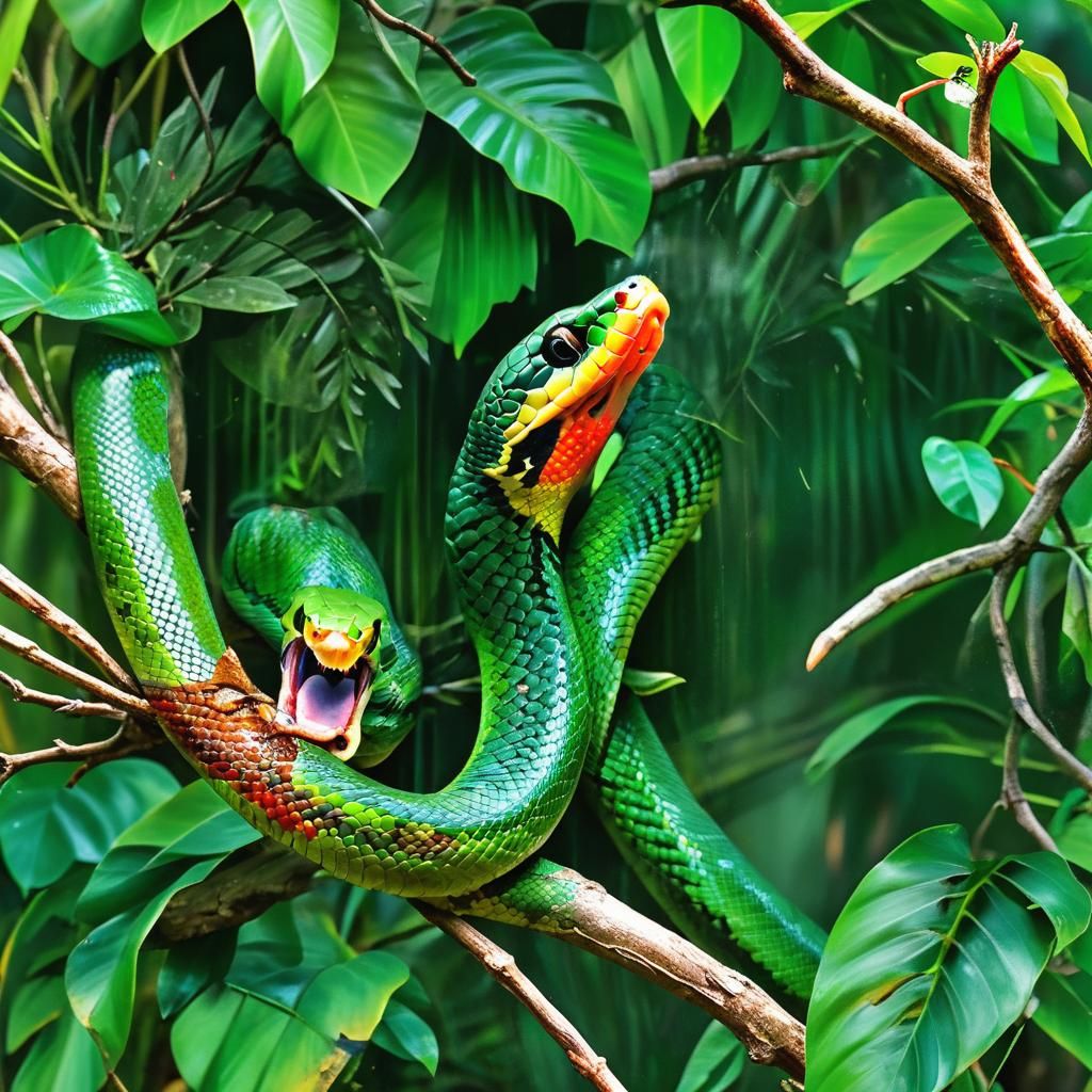 A Poisonous Green Green Tree Snakes is Laying Coiled Up With...
