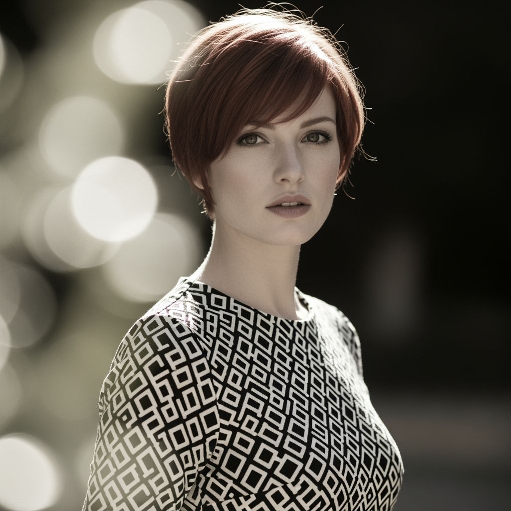 Redhead in Geometric Dress: High-Fashion Portrait