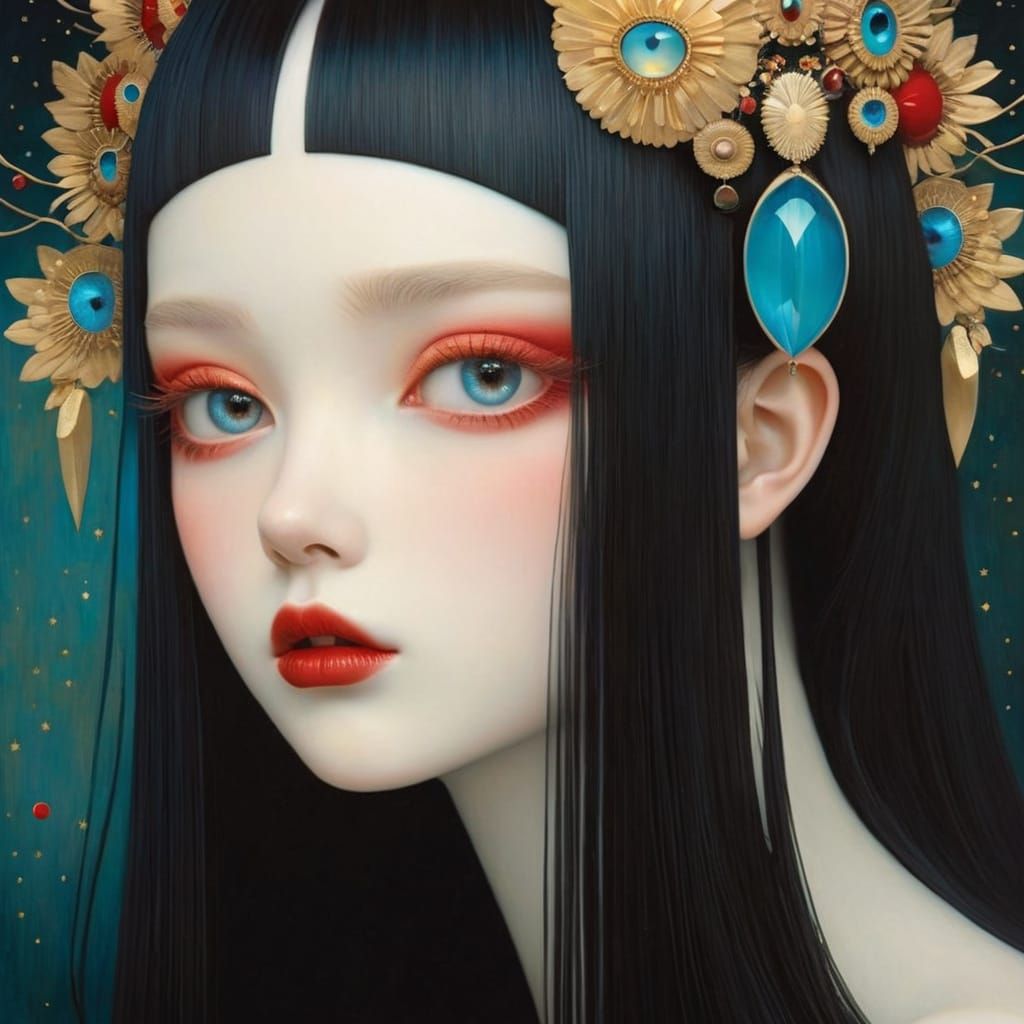 Surreal Red Portrait in Art Nouveau Style