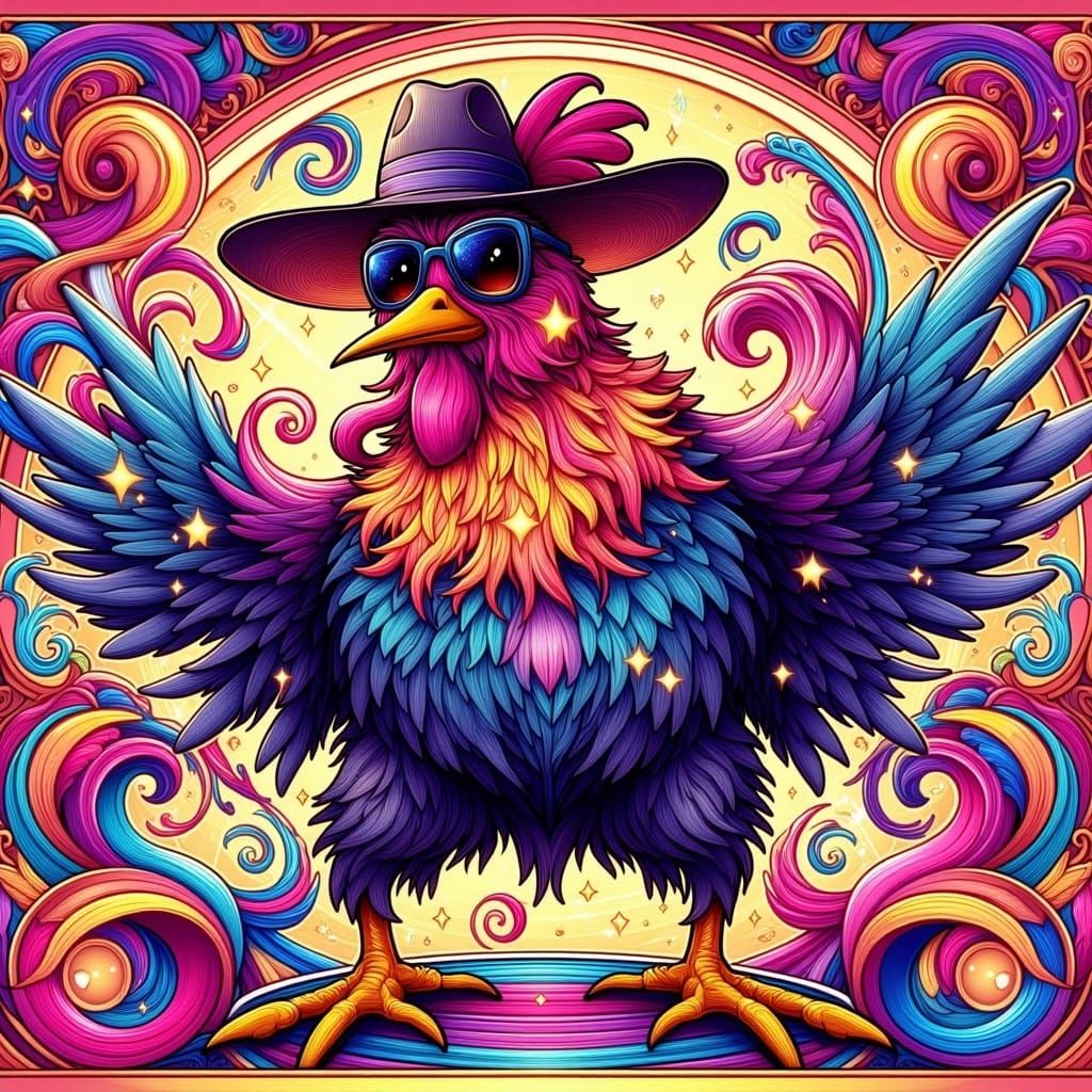 Vibrant Cartoon Chicken in Art Nouveau Style