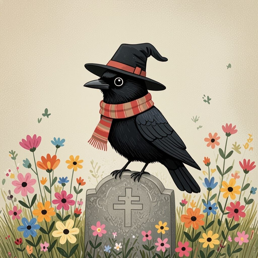 Crow in Hat and Scarf, Whimsical Illustration