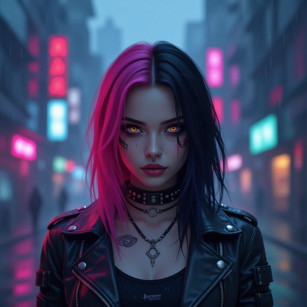 Goth Woman with Pink and Black Hair in Cyberpunk City