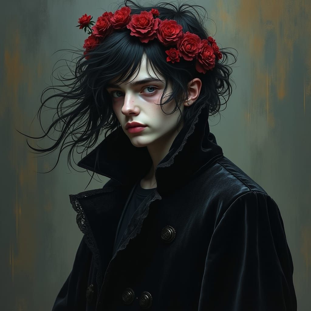 Mysterious Goth Man in Alcohol Ink Oil Painting Style