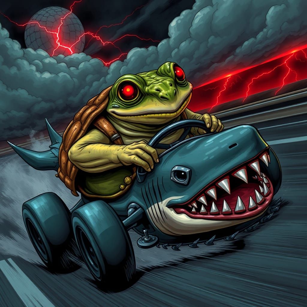 Demon Toad Drives Shark Car in Comic Art Style