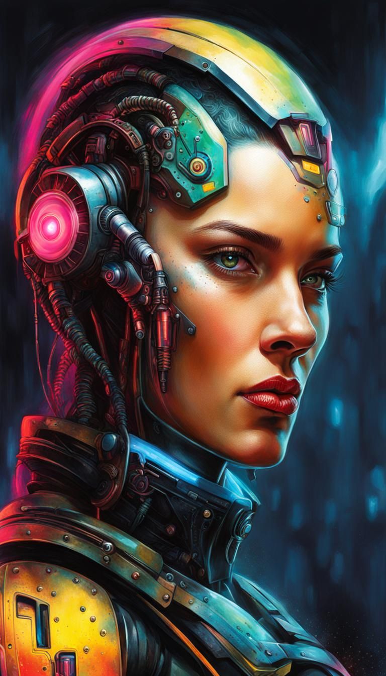 Cyberpunk Cyborg Portrait in Neon Colors