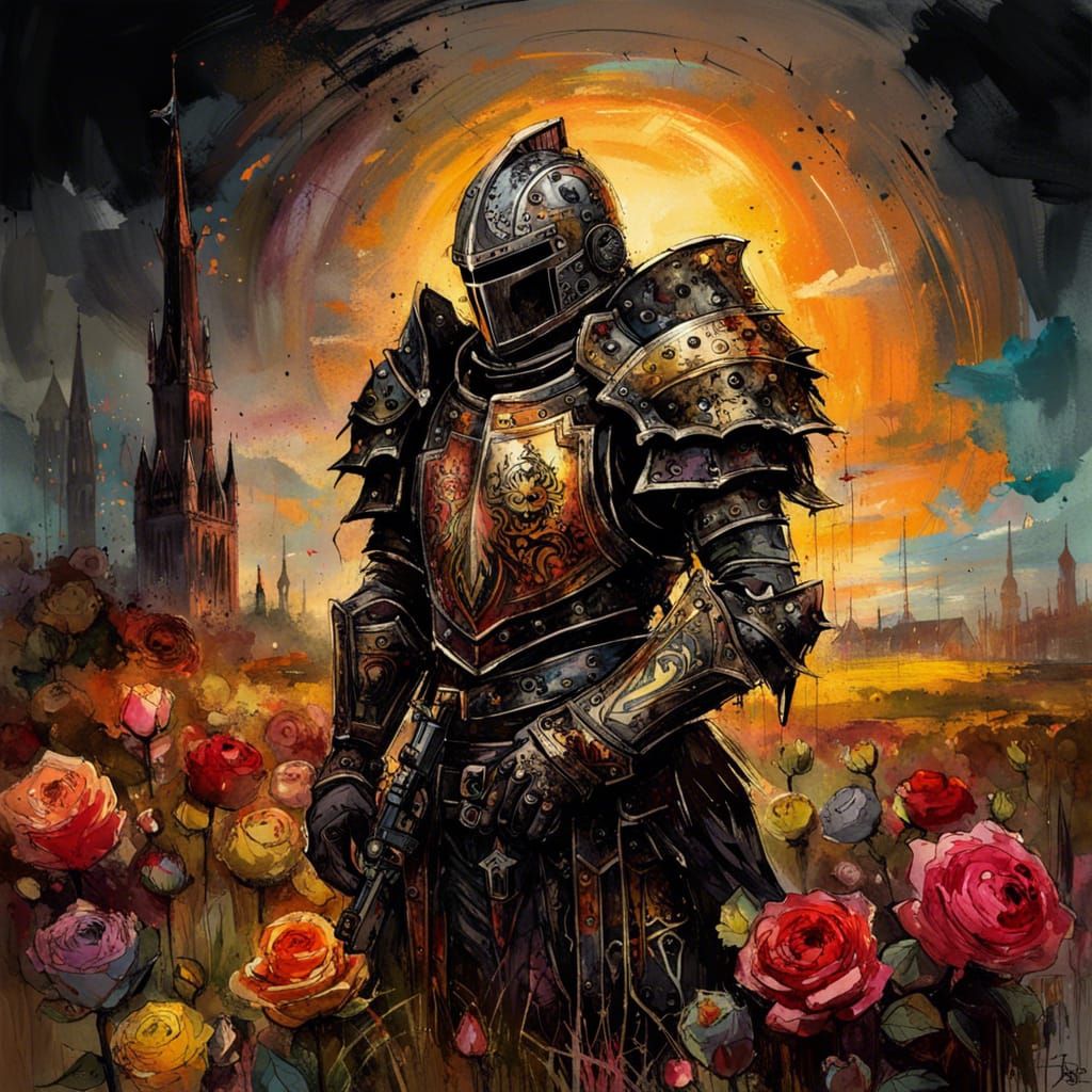 Gothic Knight with Gun in Rose Field