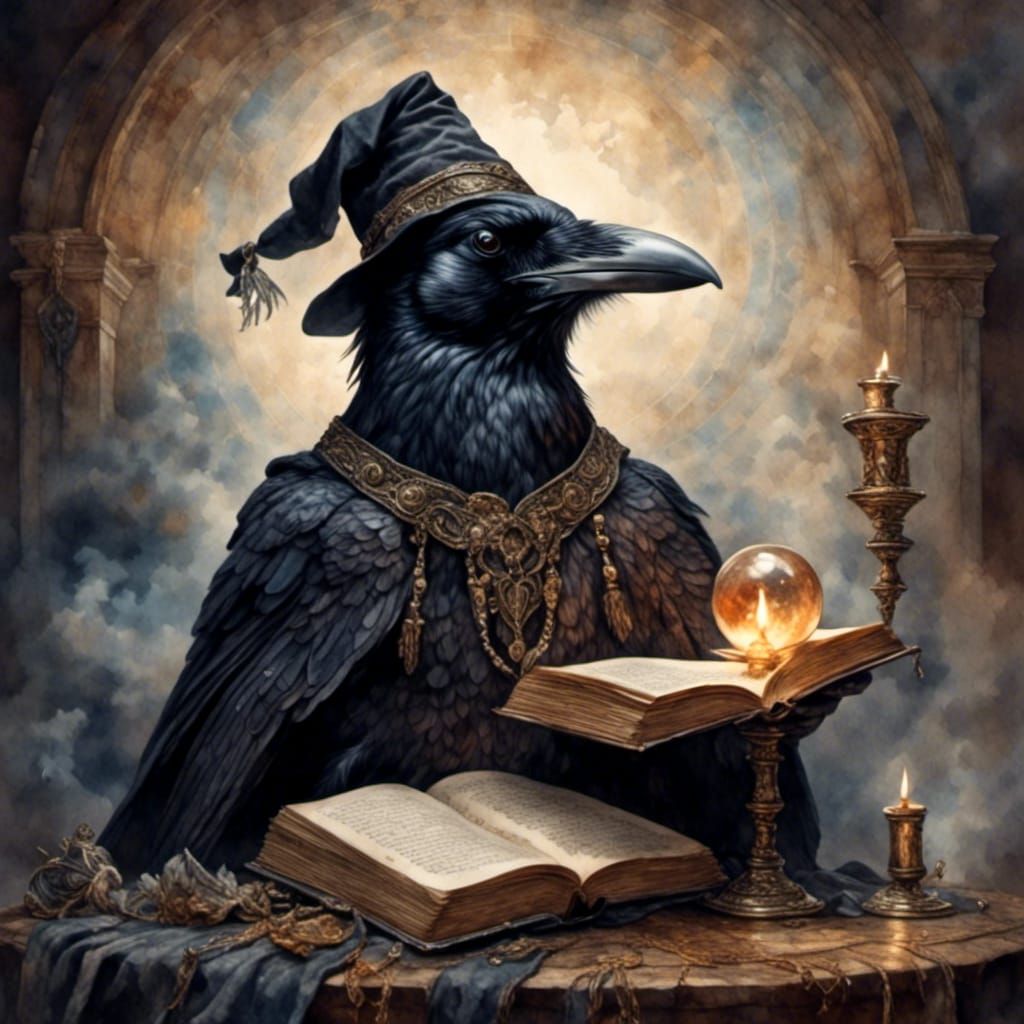 Raven Wizard in Antique Watercolor Style