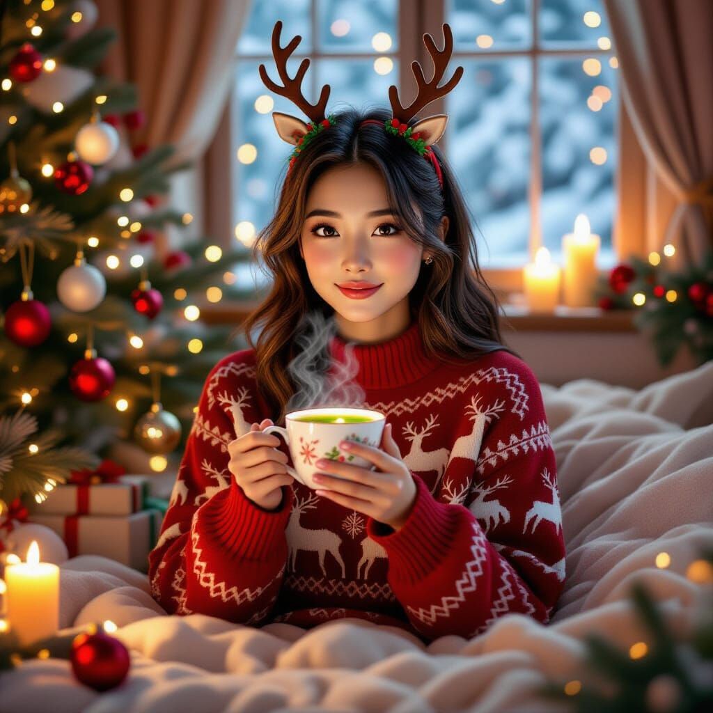 Cozy Christmas Bedroom Scene with Asian Girl and Green Tea