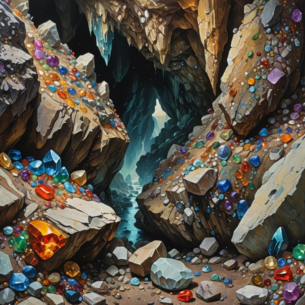 Gemstone Cave Discovery in Oil Painting Style