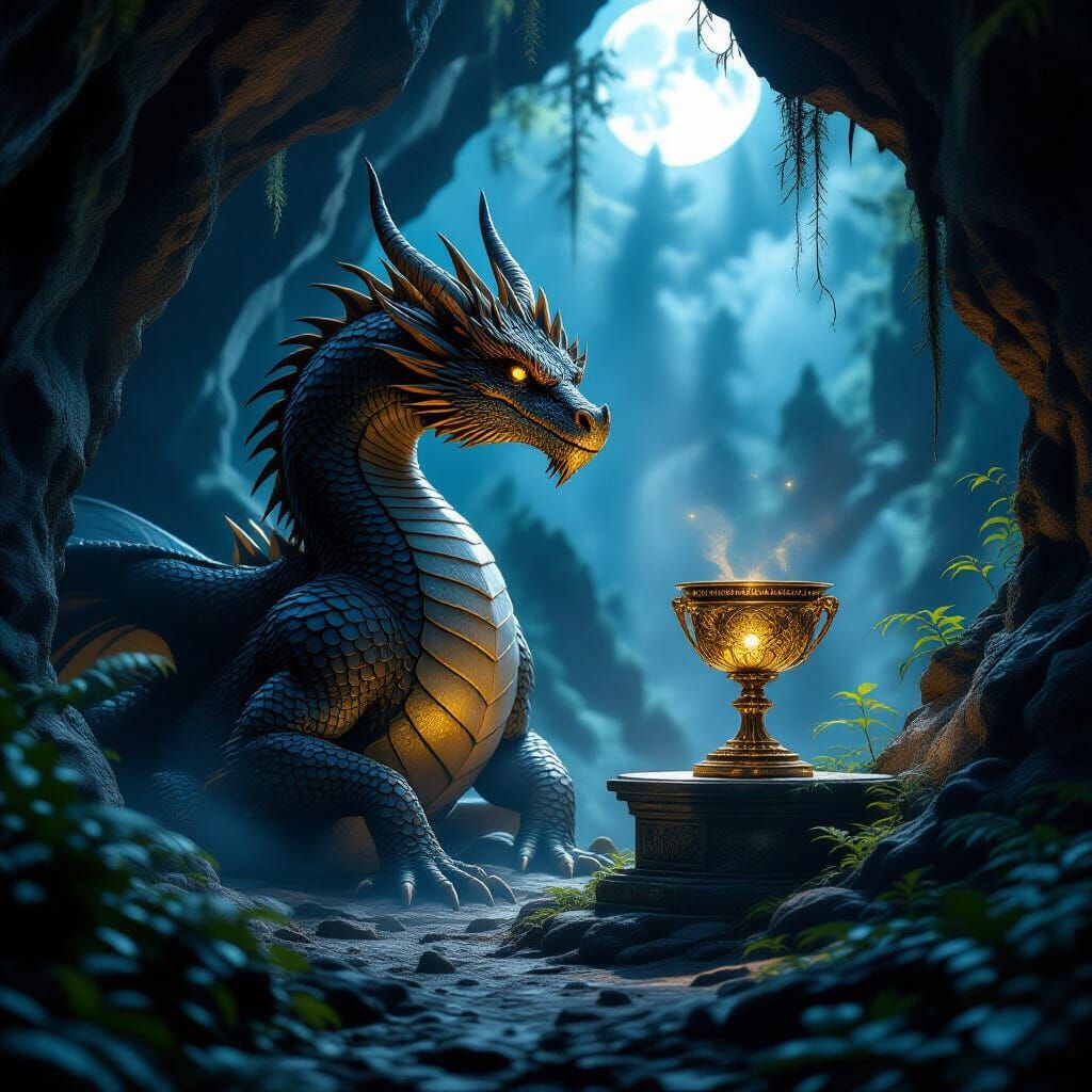 Ancient Dragon Guards Treasure in Moonlit Forest