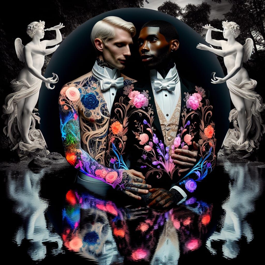 Ethereal Victorian Gay Couple in Midnight Pond Dreamscape