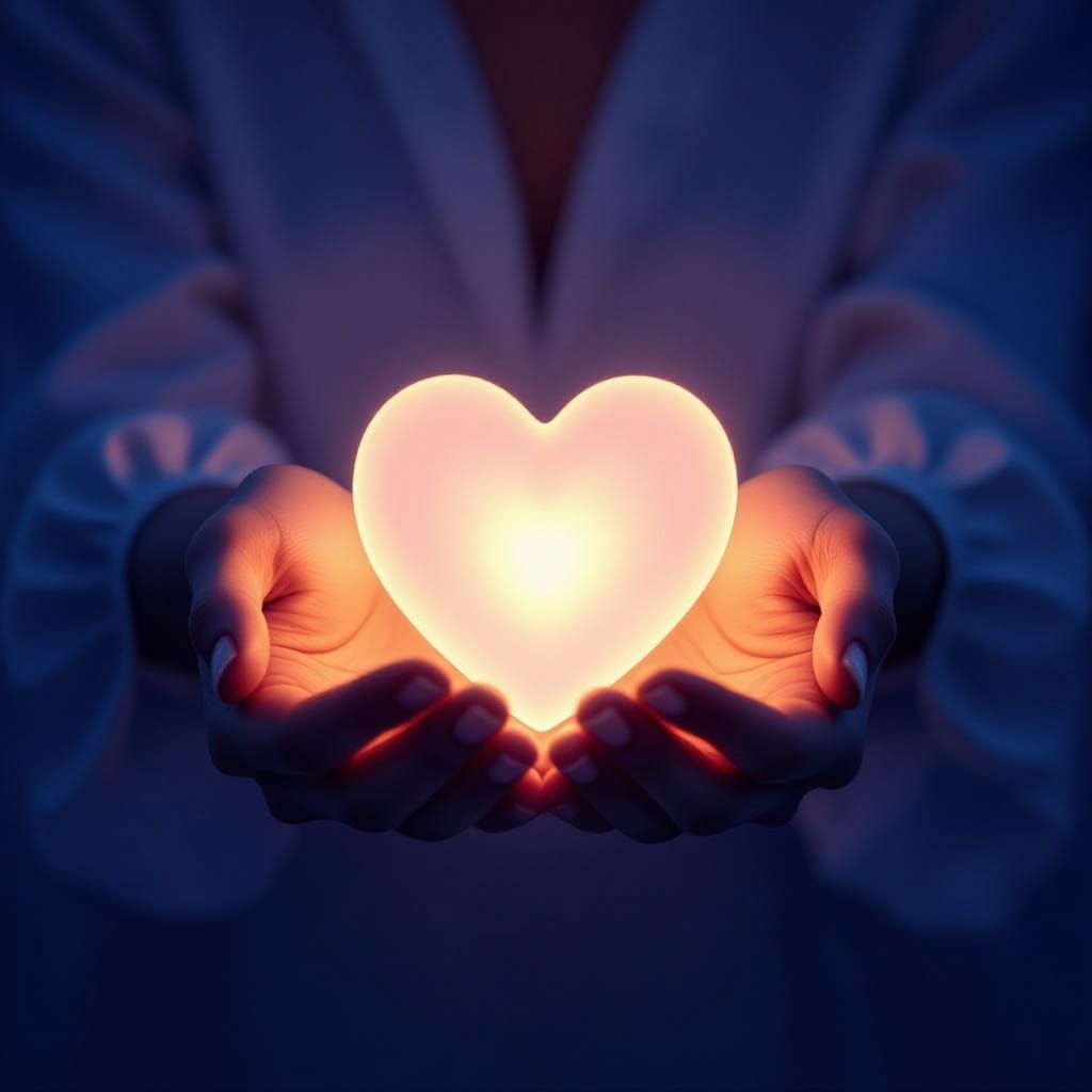 Two Hands Gently Cradling Glowing Heart in Surreal Style
