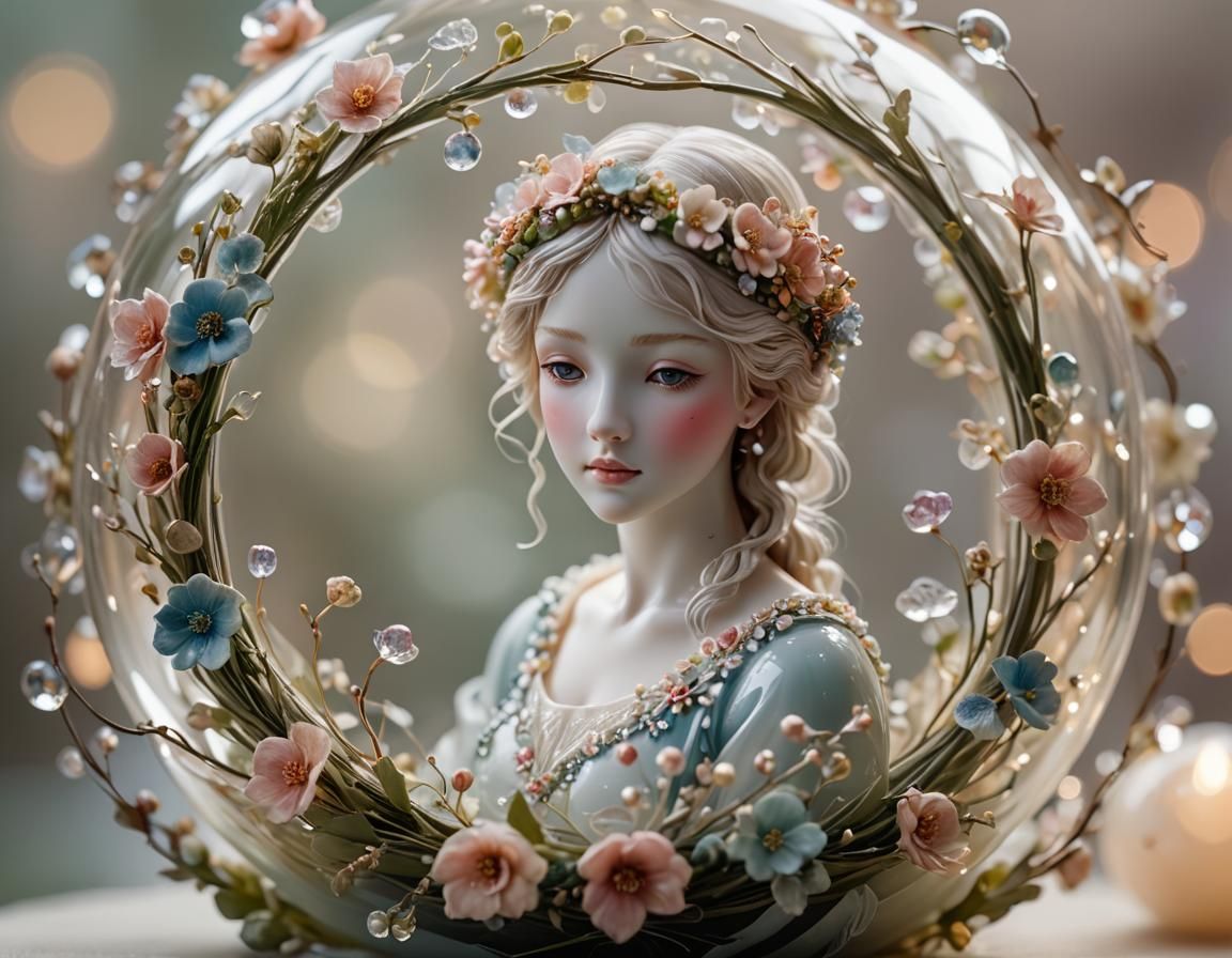 Porcelain Girl in Glass Flowers Macro Photograph