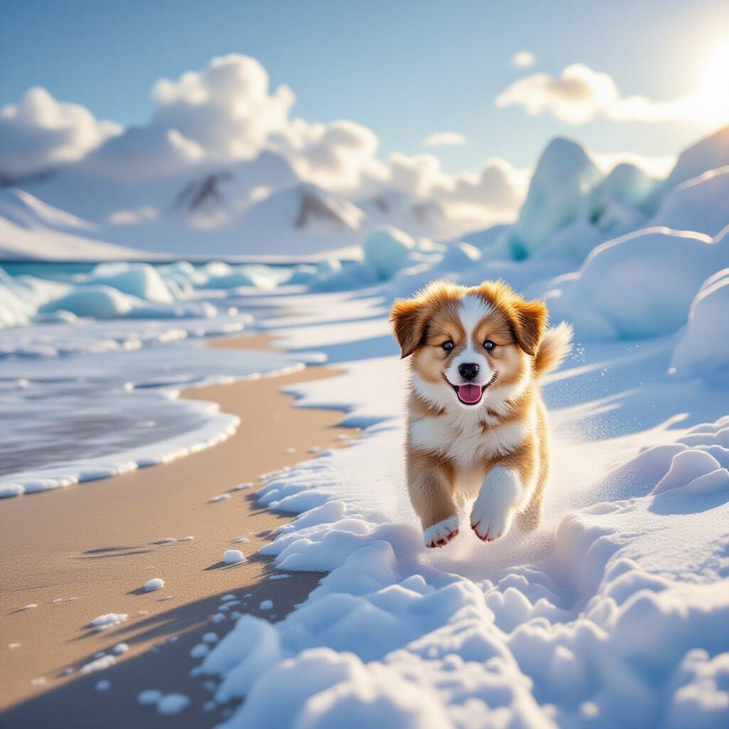 Puppy Leaps Between Sunny Beach and Icy Shore