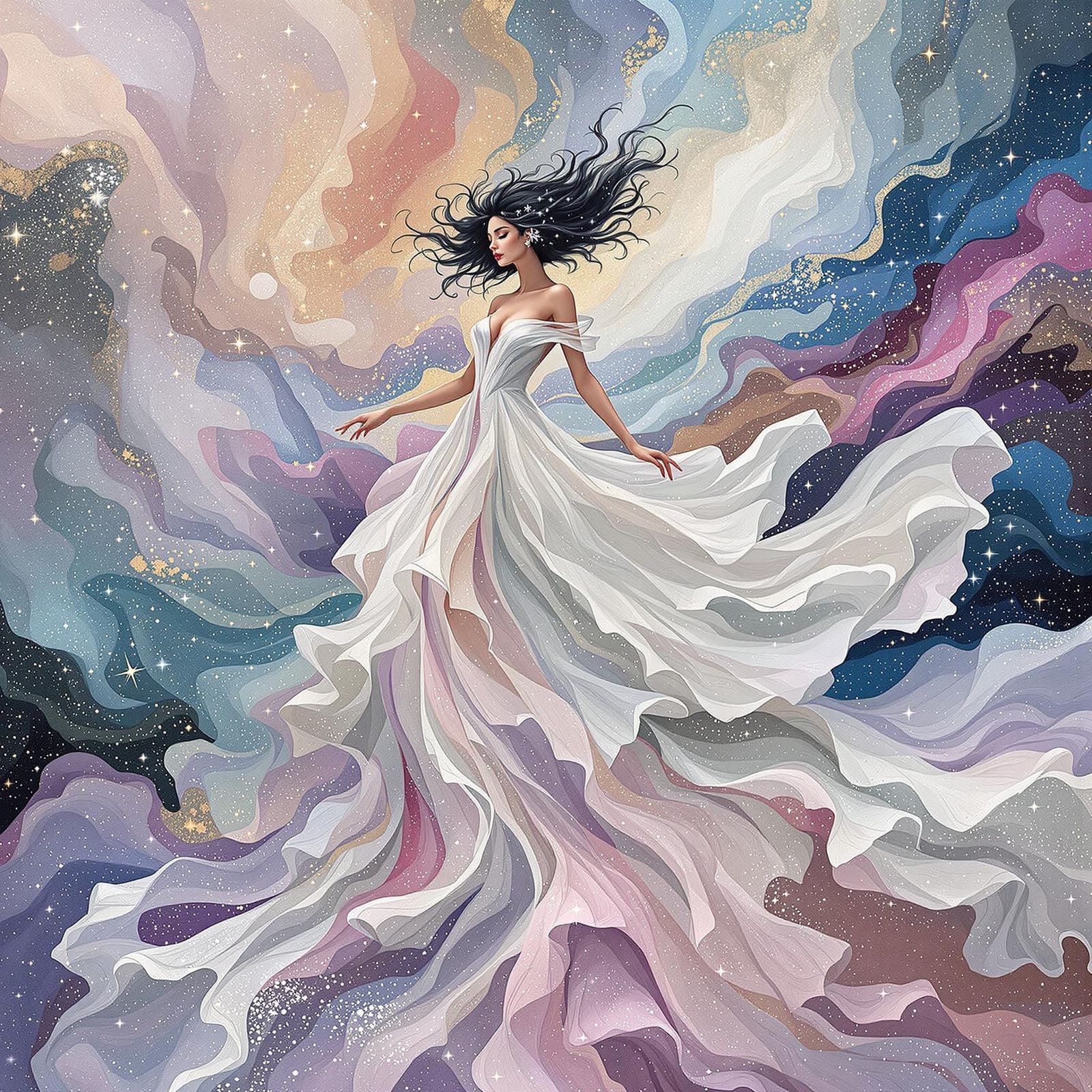 Ethereal Woman in Space: Textured Pastel Art