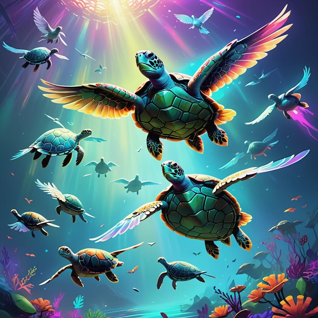 Iridescent Flying Turtles in Bioluminescent Alien Landscape
