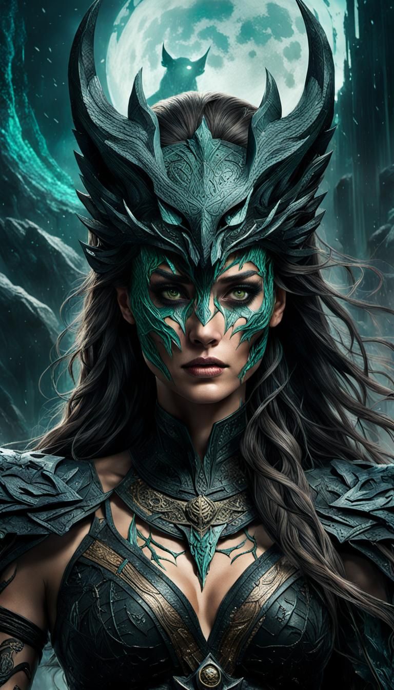 Goddess of Death with Wolf, Digital Art