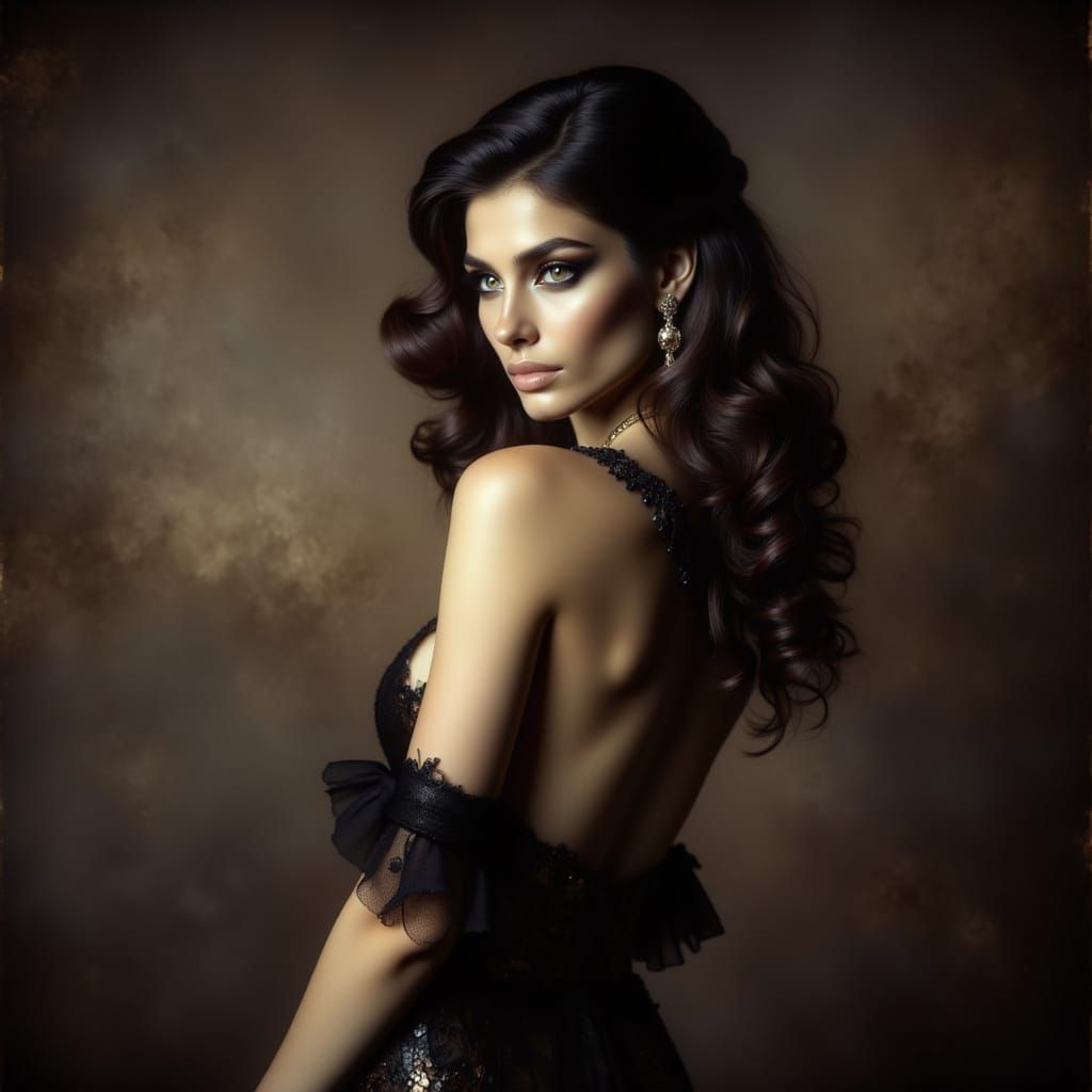 Elegant Woman in Black Dress, Vintage Hollywood Glamour