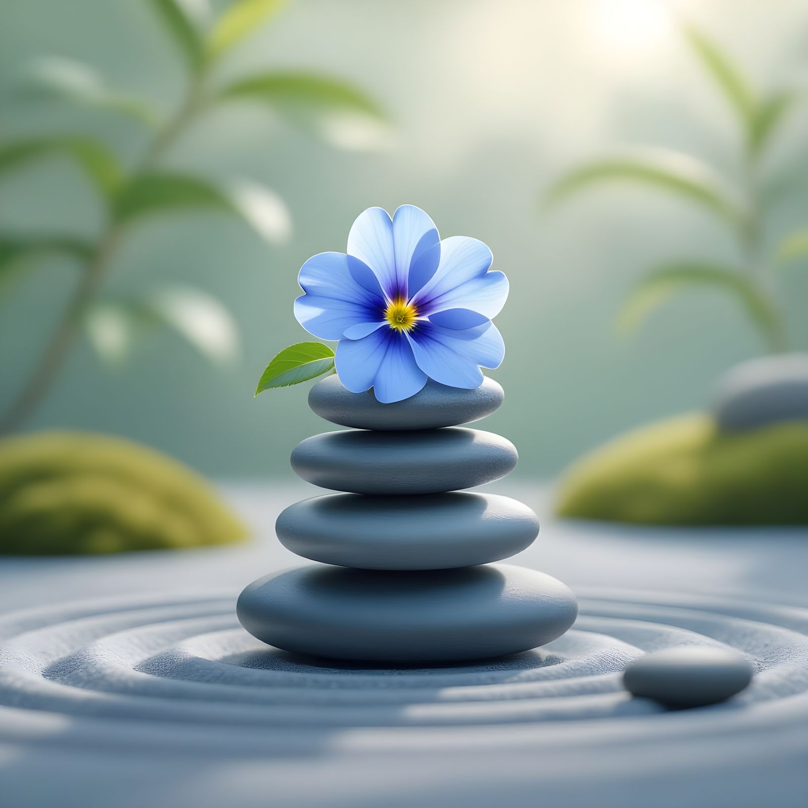 Blue Primrose on Zen Stones in Minimalist Style