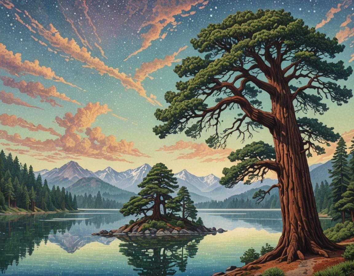 Redwood Tree and Lake in Kinetic Pointillism