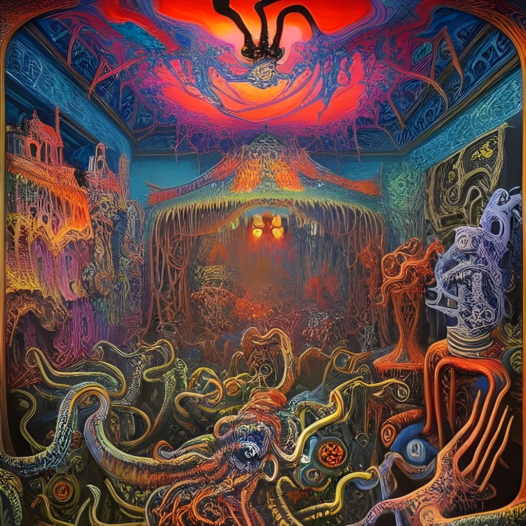 Chaotic Opium Den Hellscape as Acrylic Painting