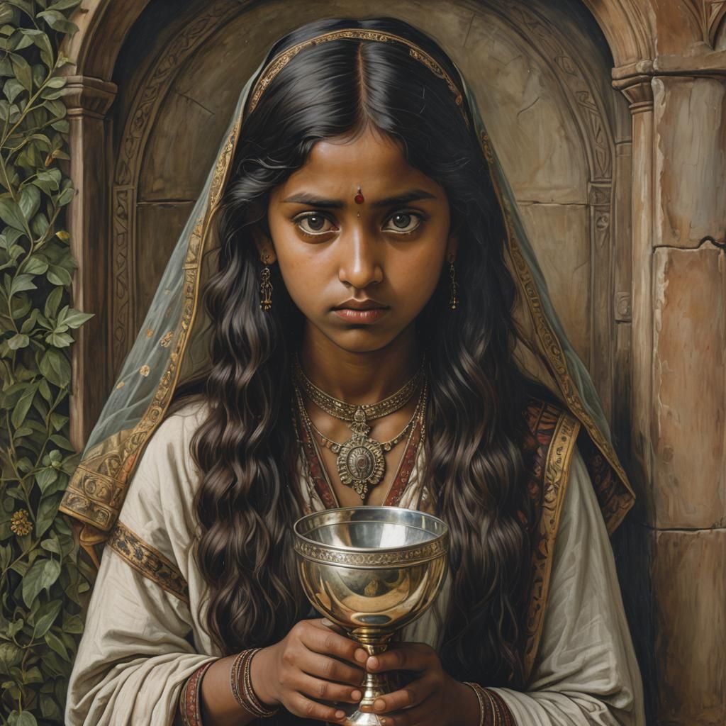 Sad Indian Girl with Chalice: Pre-Raphaelite Portrait