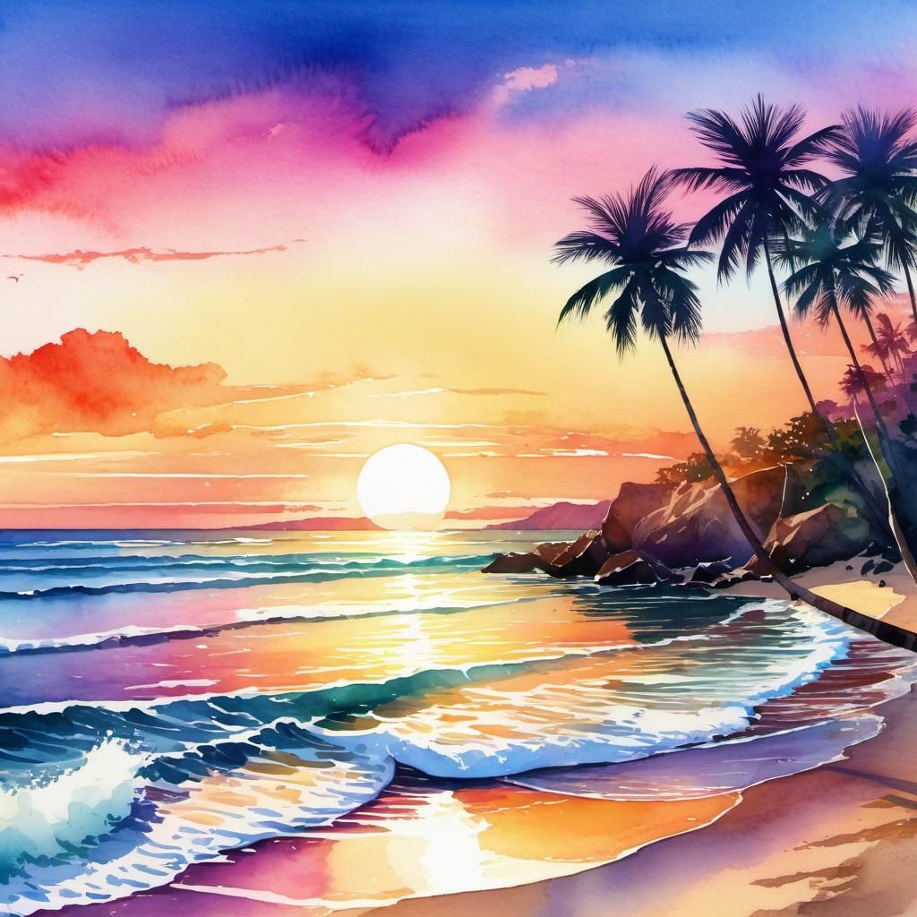 Hyper Detailed Digital Watercolor Beach Sunset