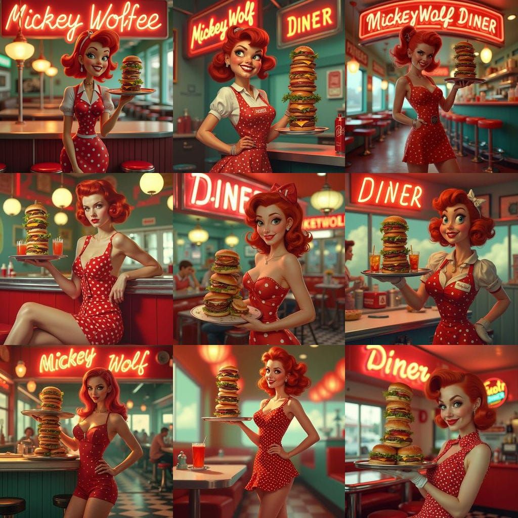 Retro Diner Waitress with Fiery Hair in Pin-Up Style