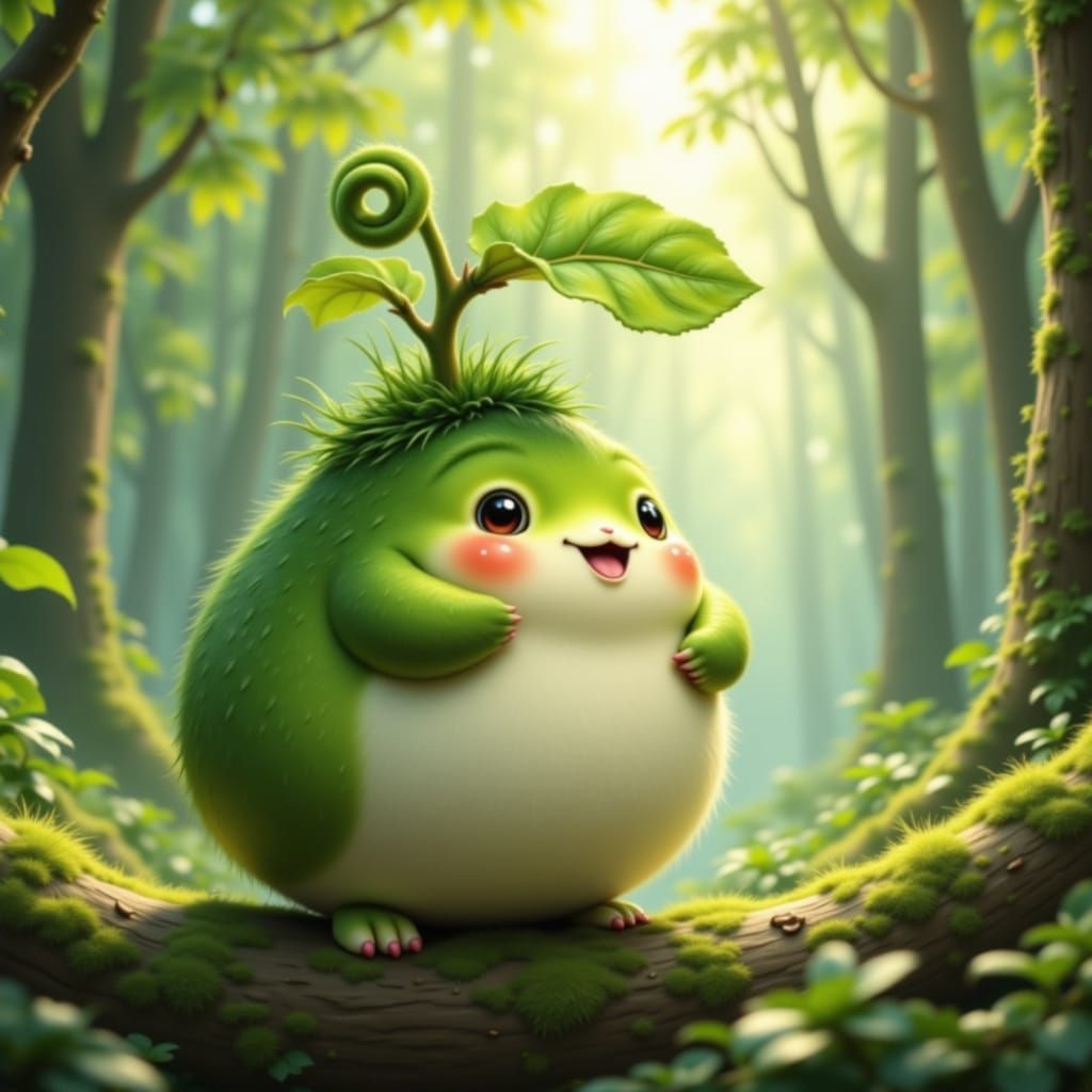 Whimsical Green Fluffy Creature in Magical Forest