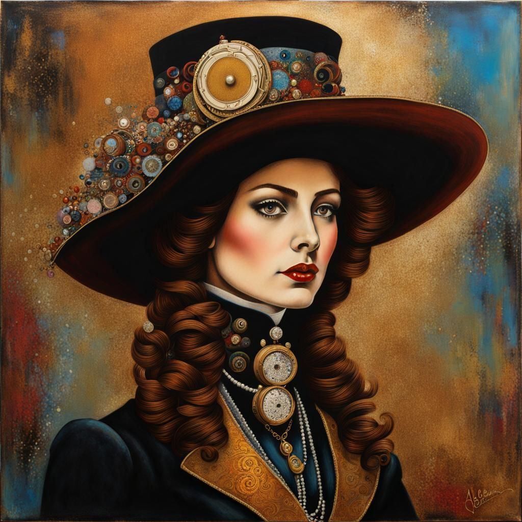 Steampunk Lady Portrait with Large Hat in Mixed Media