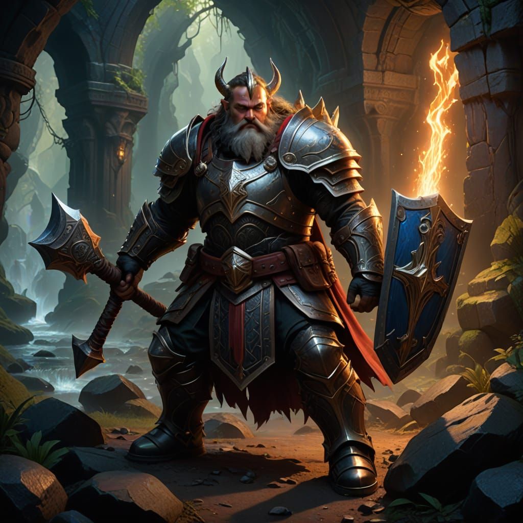 Dwarf Warrior in Mystical Cave: Fantasy Oil Painting