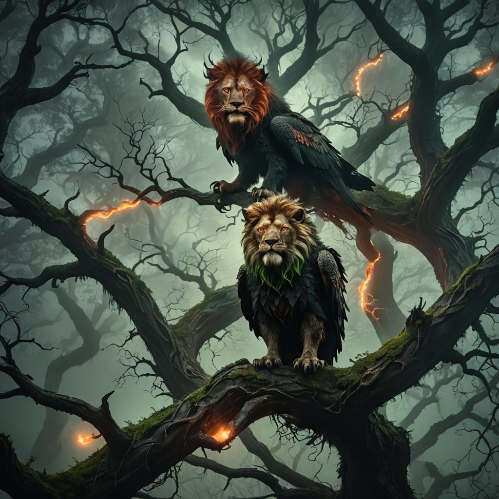 Lion-Eagle-Dragon Hybrid in Dark Fantasy Landscape