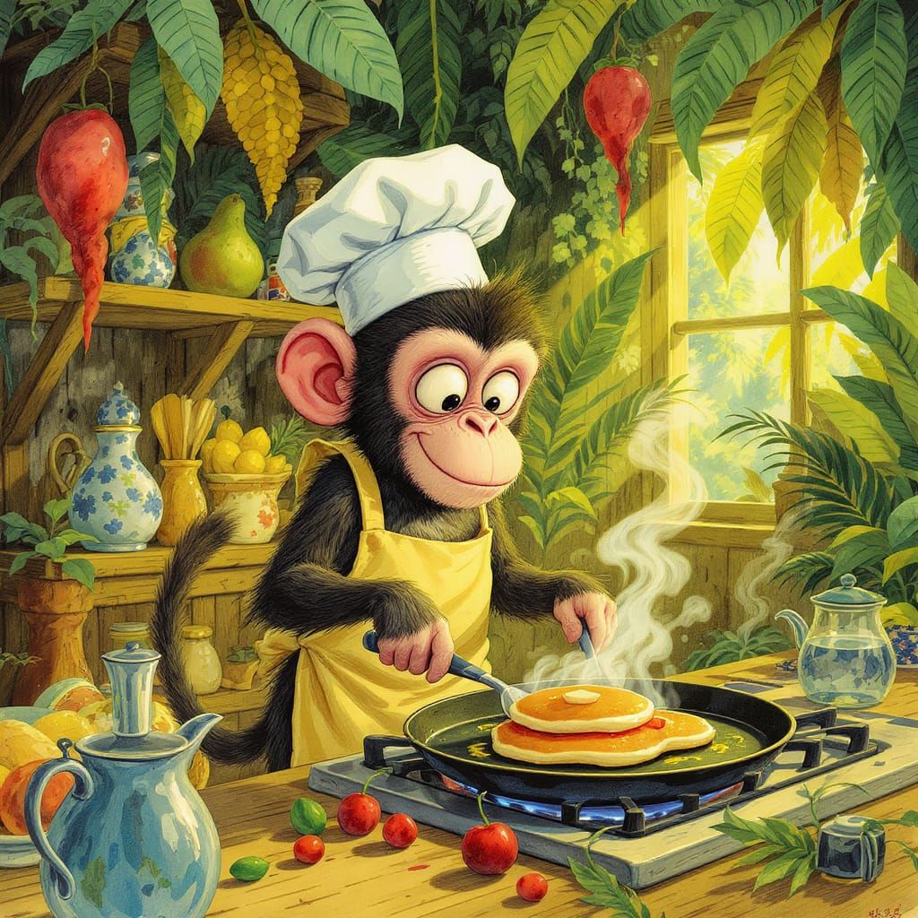 Monkey Chef Flips Pancakes in Jungle Kitchen