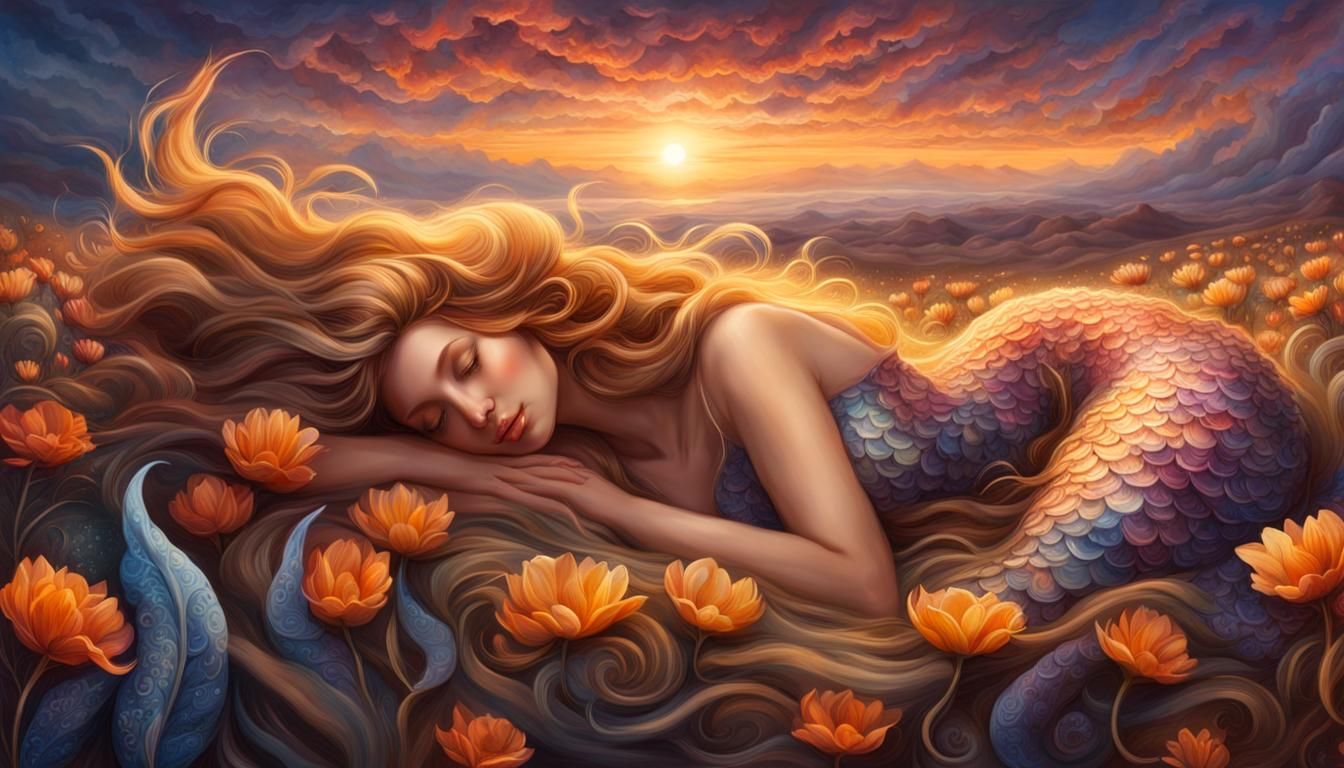 Sleeping Mermaid in Flower Desert at Sunset