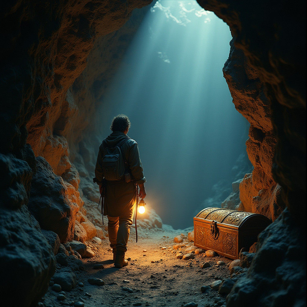 Explorer and Treasure Chest in Dark Cave