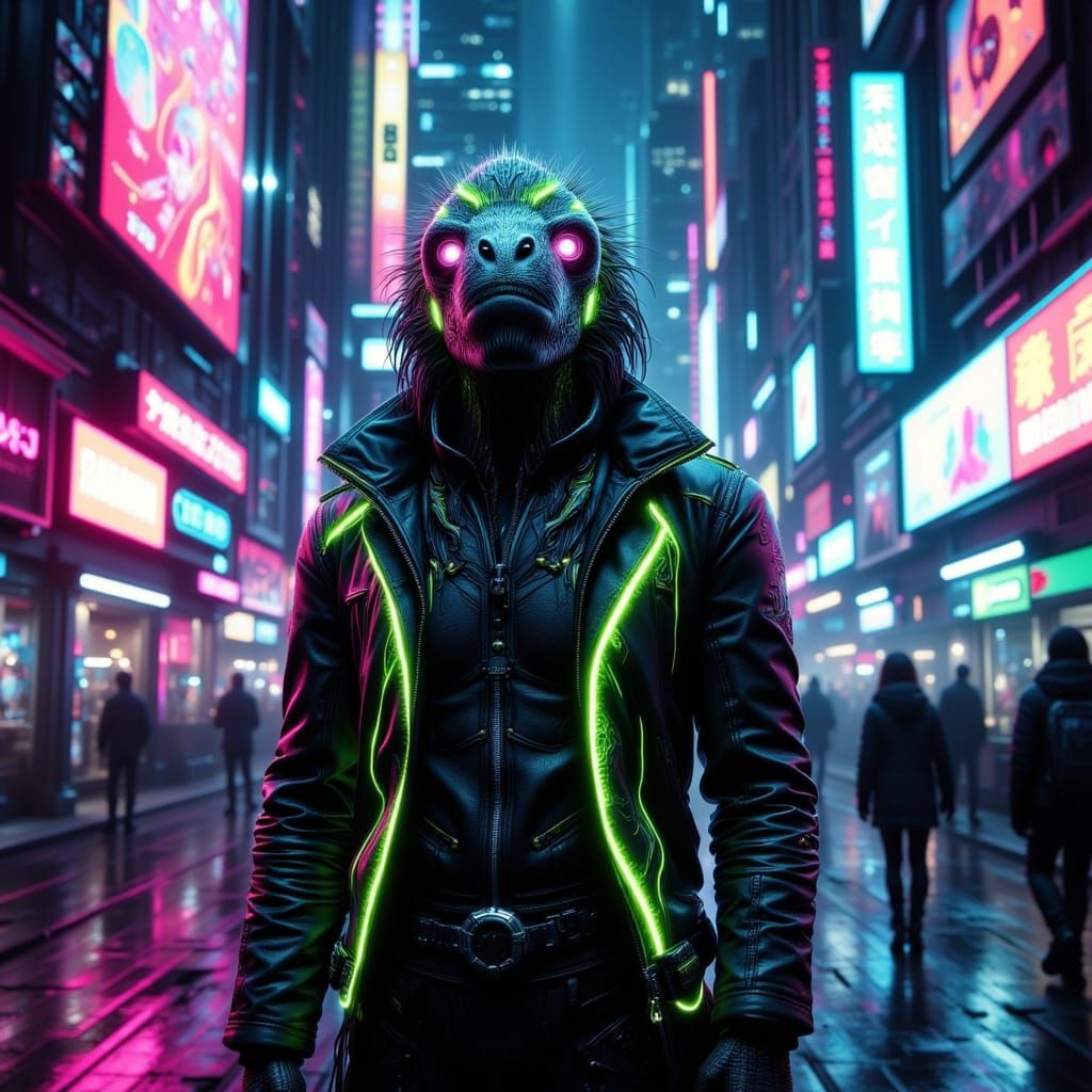 Cyberpunk Manatee Humanoid in Neon Cityscape