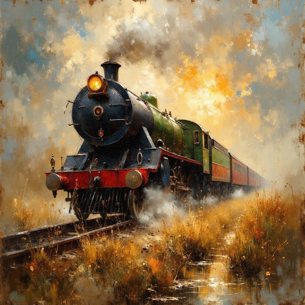 Steam Engine at Dusk Inspired by Impressionism