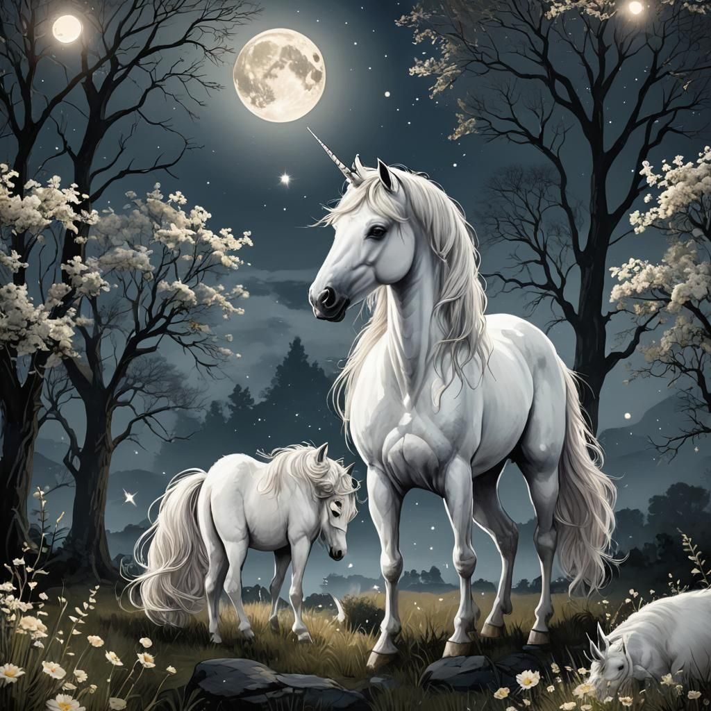 Unicorn Grazing Under the Moonlight